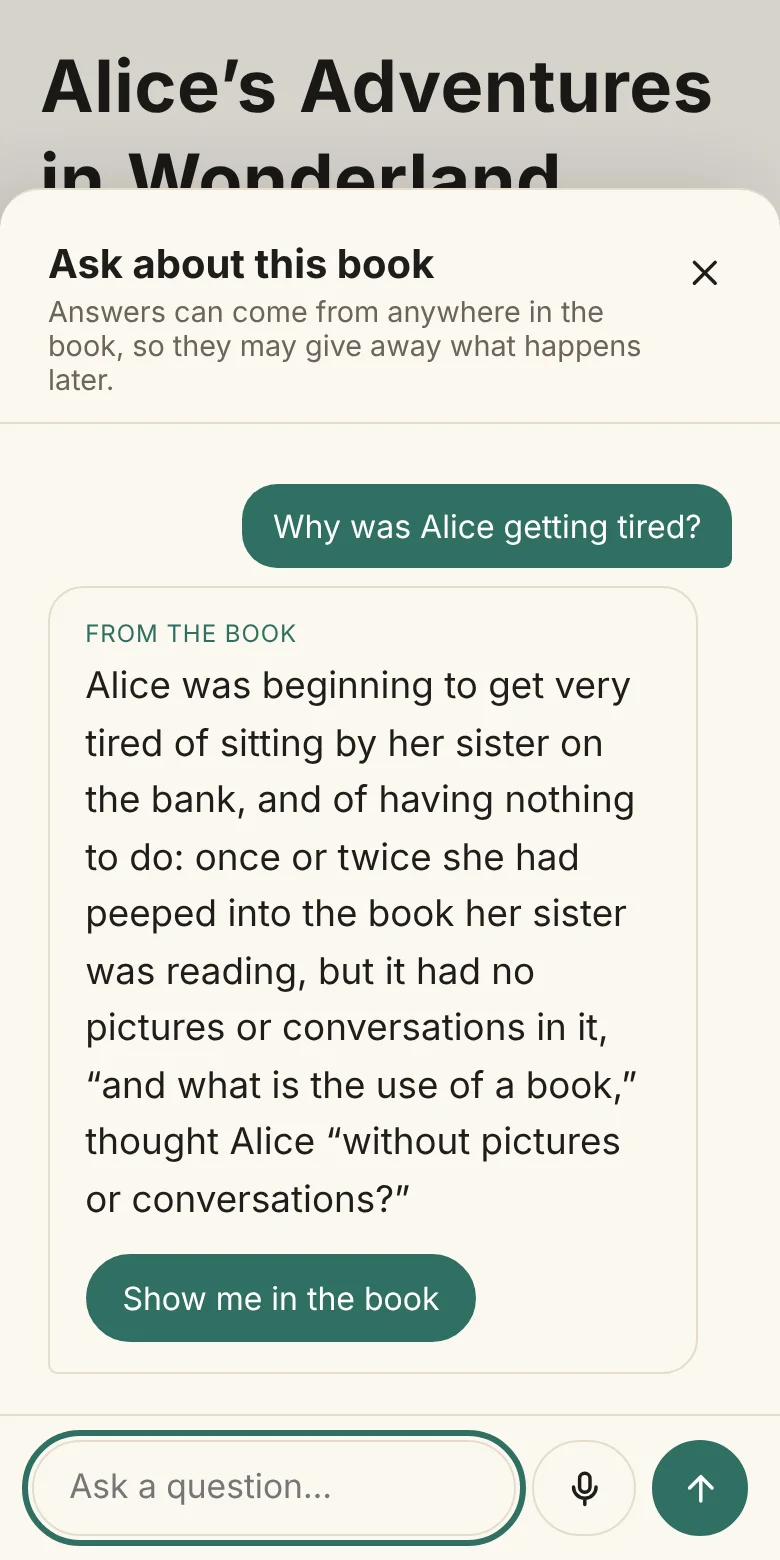 The same question asked out loud on a phone, with the answer from the book and a microphone button.