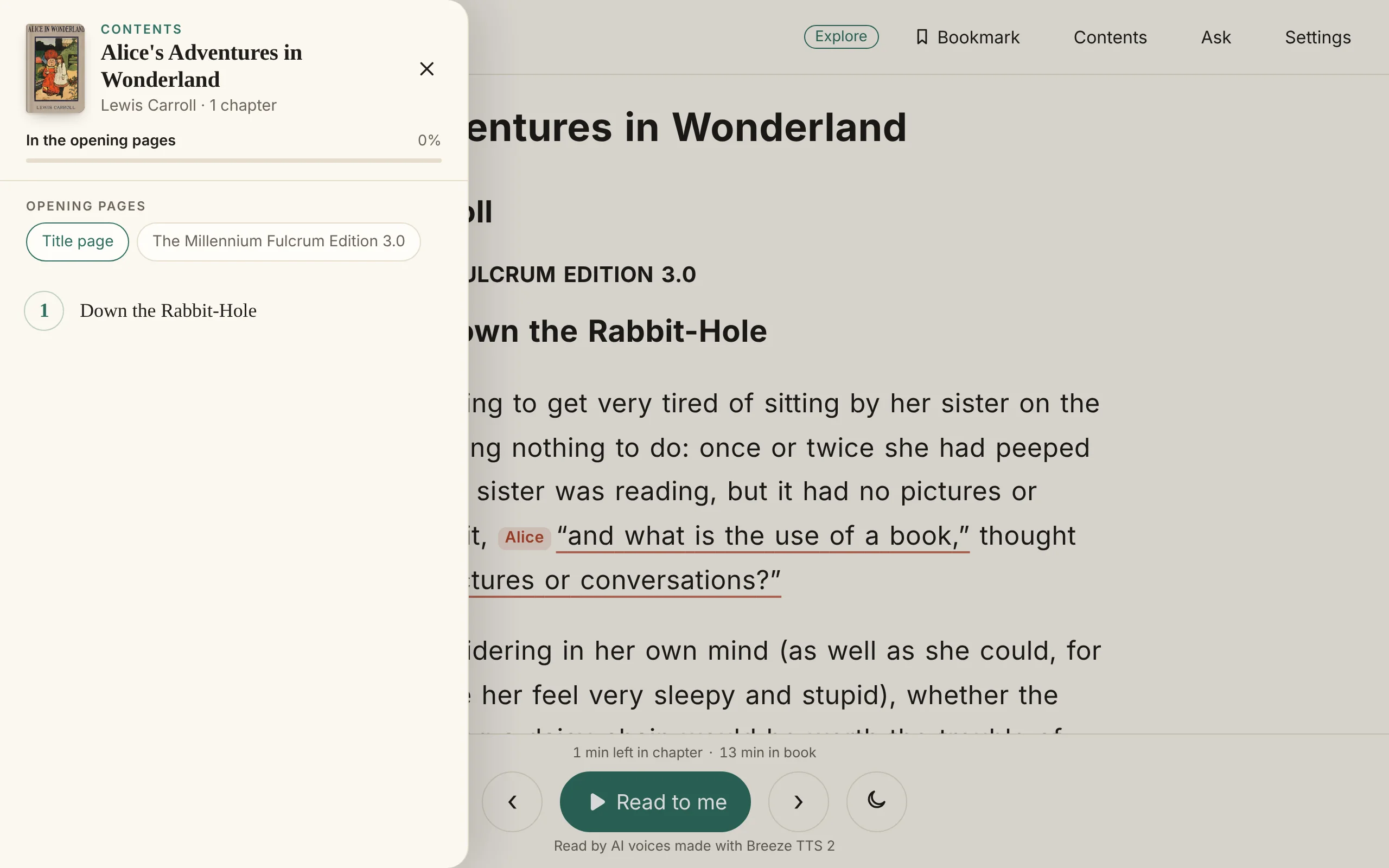 The Contents panel open beside the book, listing the opening pages and Chapter I, with how far along you are.