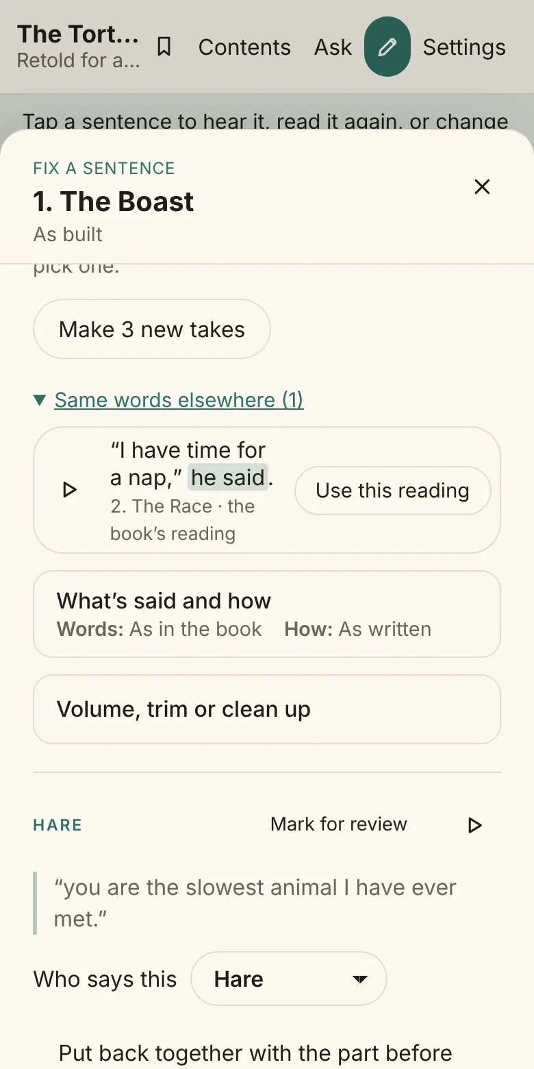 Same words elsewhere, open under the narrator’s “he said,”: the book’s reading of “he said” from chapter 2, with Use this reading.