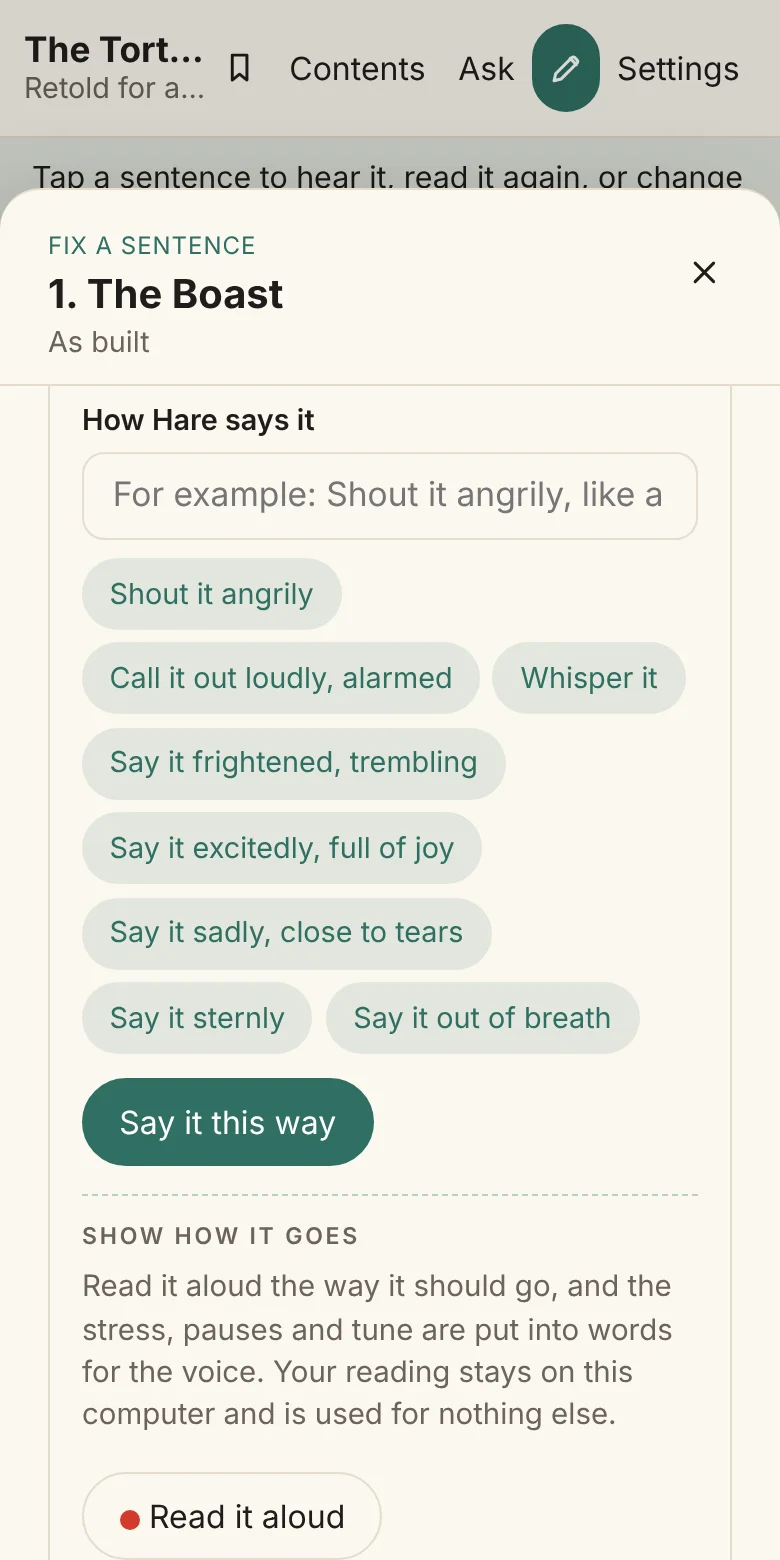 What’s said and how, open on a phone: ways to say it, like shouting, whispering or sounding out of breath, then Show how it goes, to read the line aloud the way it should go, with a Read it aloud button.