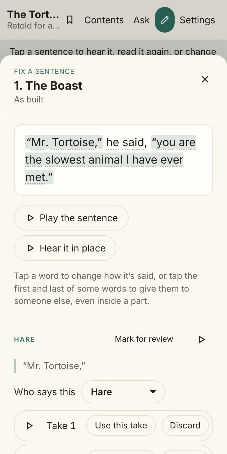 The Fix sheet on a phone, open on “Mr. Tortoise,” he said, “you are the slowest animal I have ever met.”, with Play the sentence and Hear it in place.