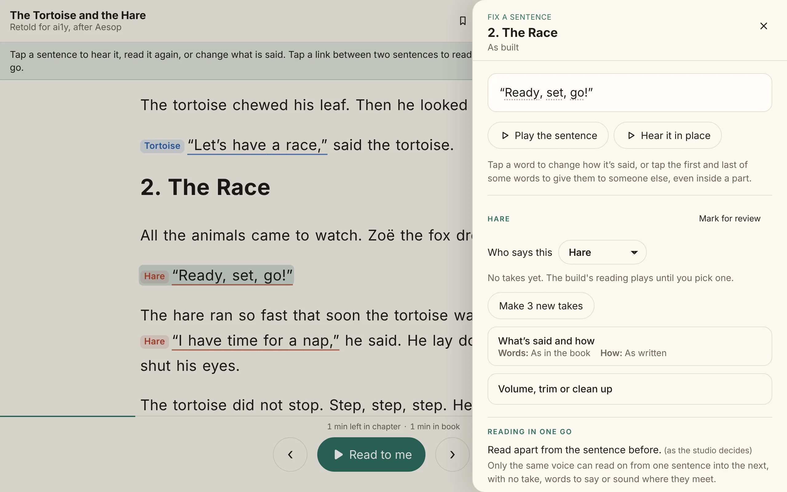 The Fix sheet open beside the Hare’s “Ready, set, go!” in the reader: who says it, takes to make, what’s said and how, and volume, trim or clean up.