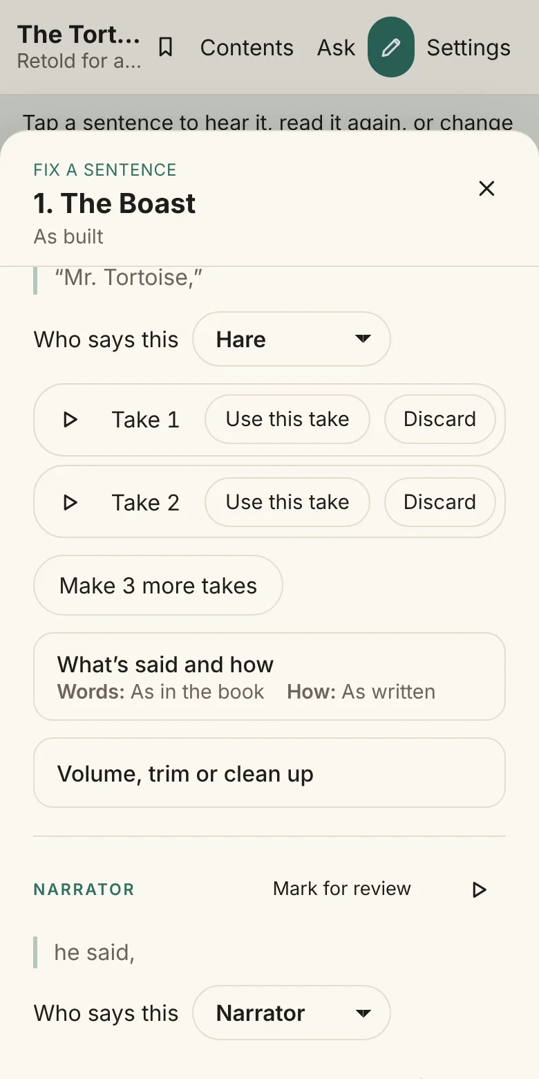 Further down the sheet: who says “Mr. Tortoise,”, and Take 1 and Take 2, each with Use this take.