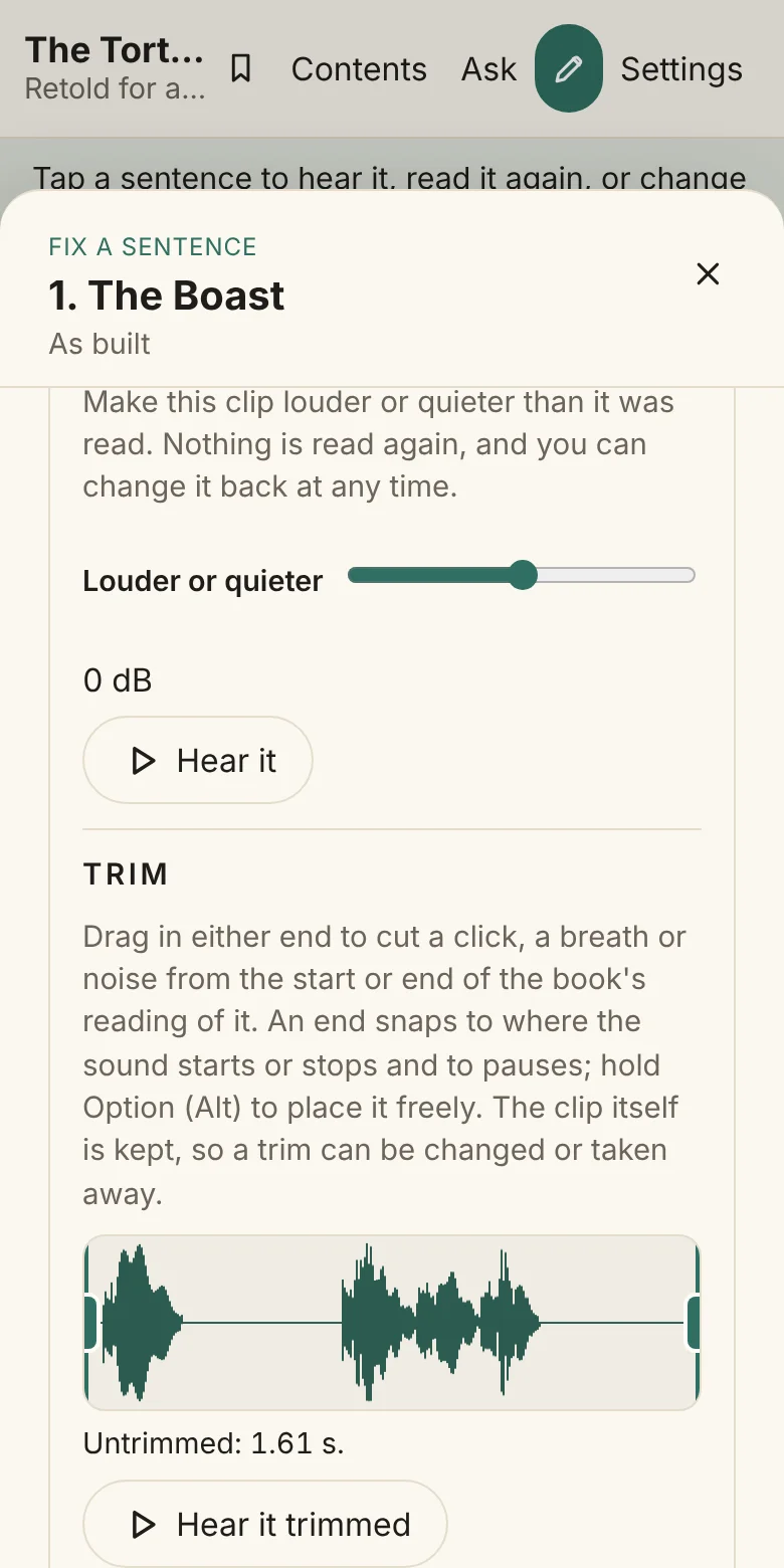 Volume, trim or clean up on a phone: a Louder or quieter slider, and the clip’s waveform with a handle at each end to trim it.