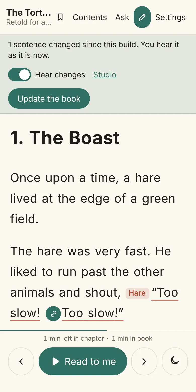 The Fix bar on a phone says one sentence changed since the build and you hear it as it is now, with Hear changes on and Update the book.