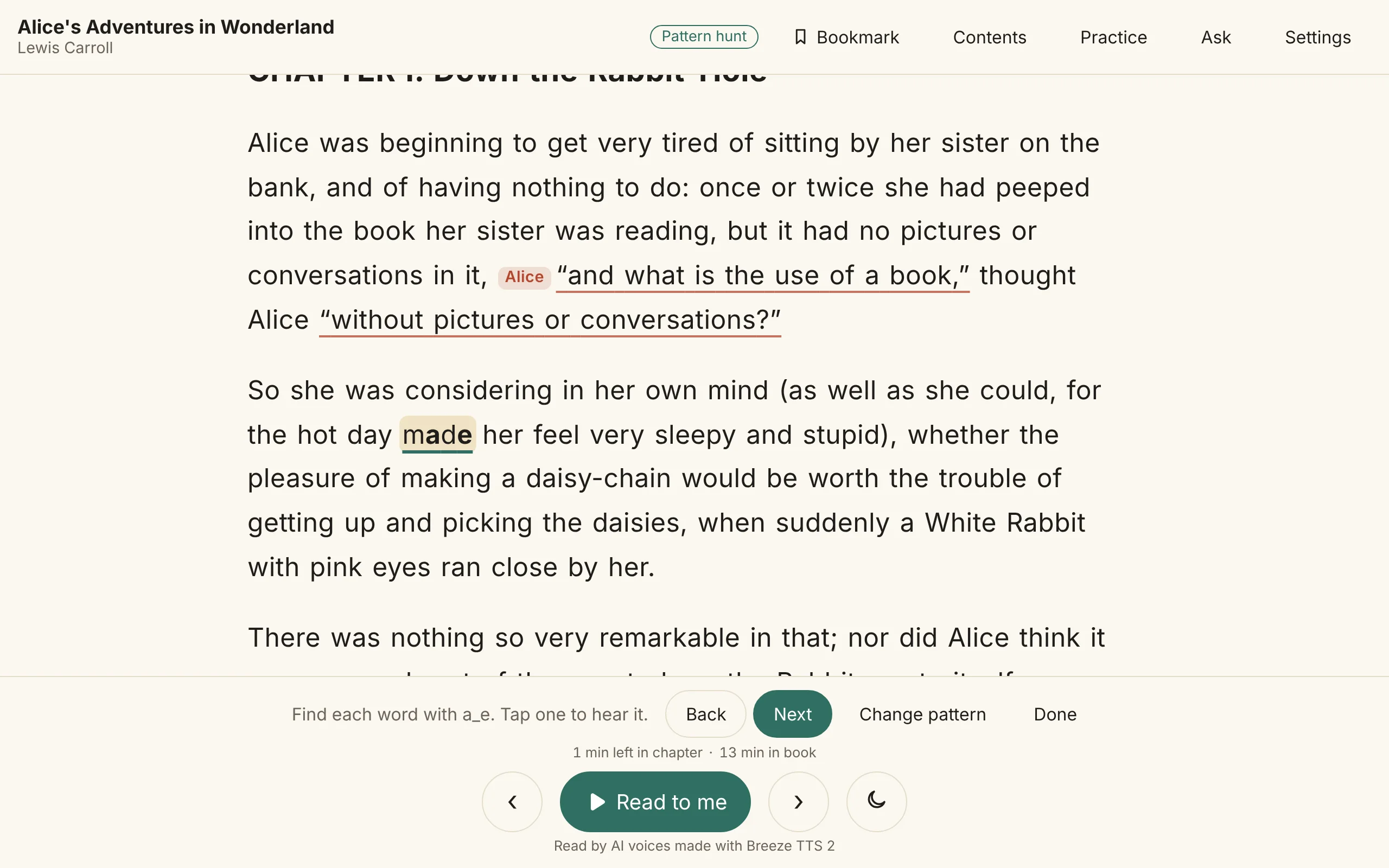 A pattern hunt for a_e in Alice’s Adventures in Wonderland: “made” is found, with Back and Next to move between the words.