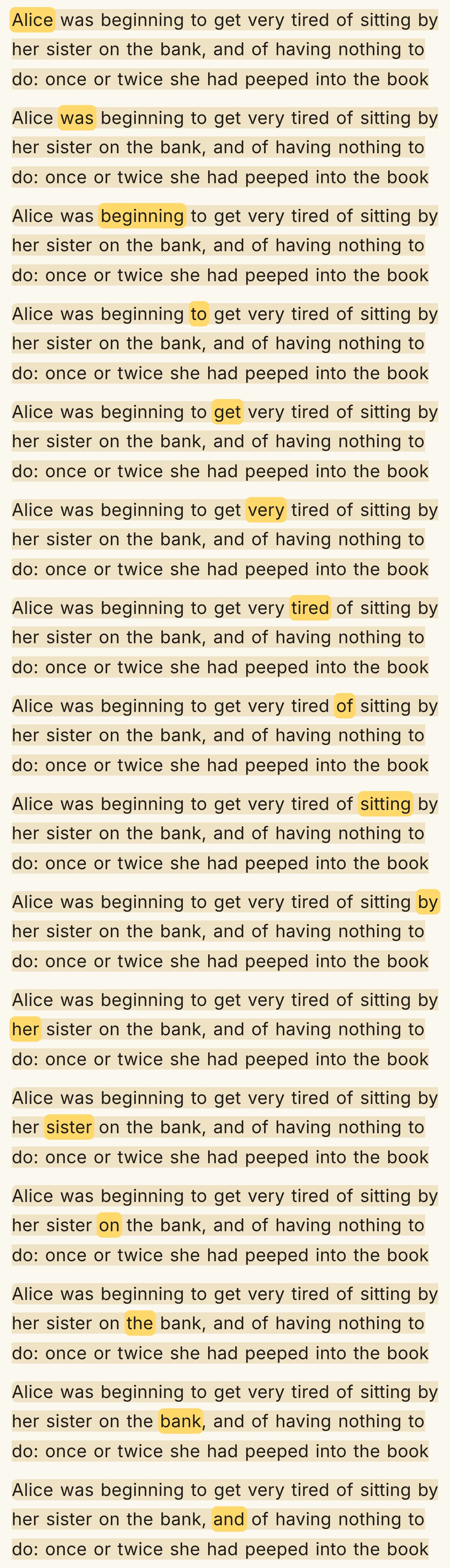 The first sentence of Alice’s Adventures in Wonderland in the reader, each word lit in turn as it is read.