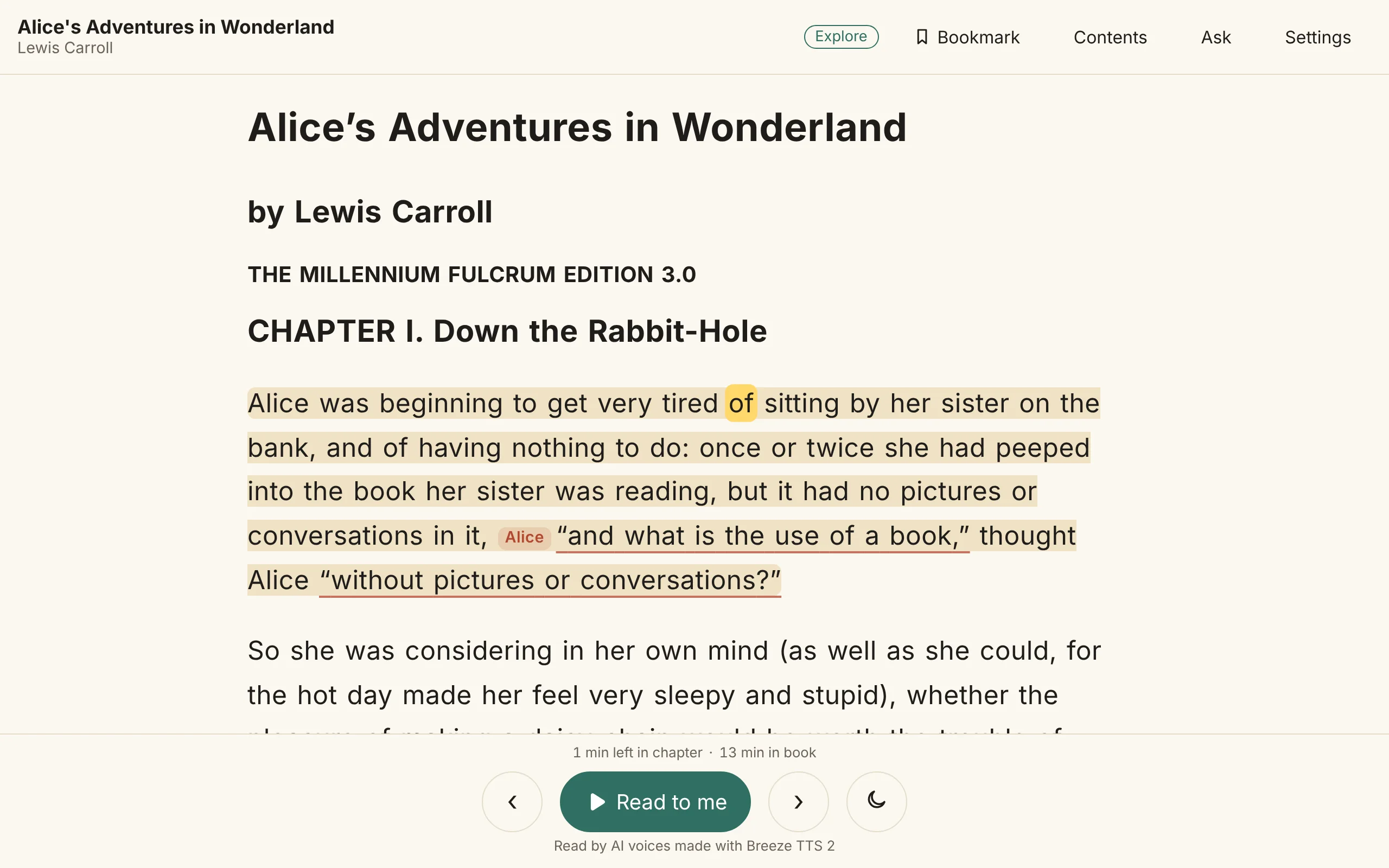 The reader on a laptop, reading Alice’s Adventures in Wonderland, with the word “of” lit inside its lit sentence and Alice’s own words marked with her name.