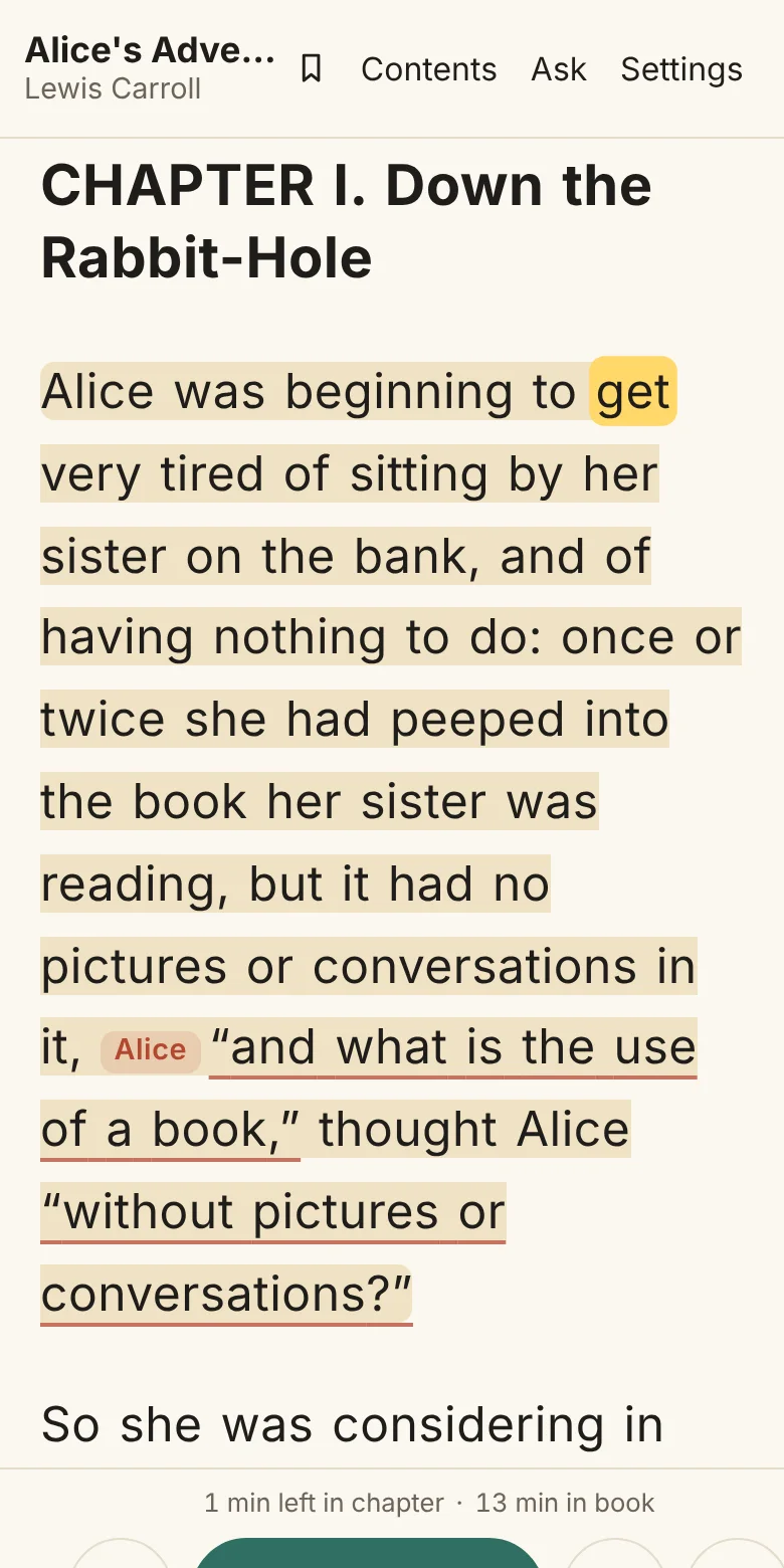 The same book in the reader on a phone, a word lit as it is read.