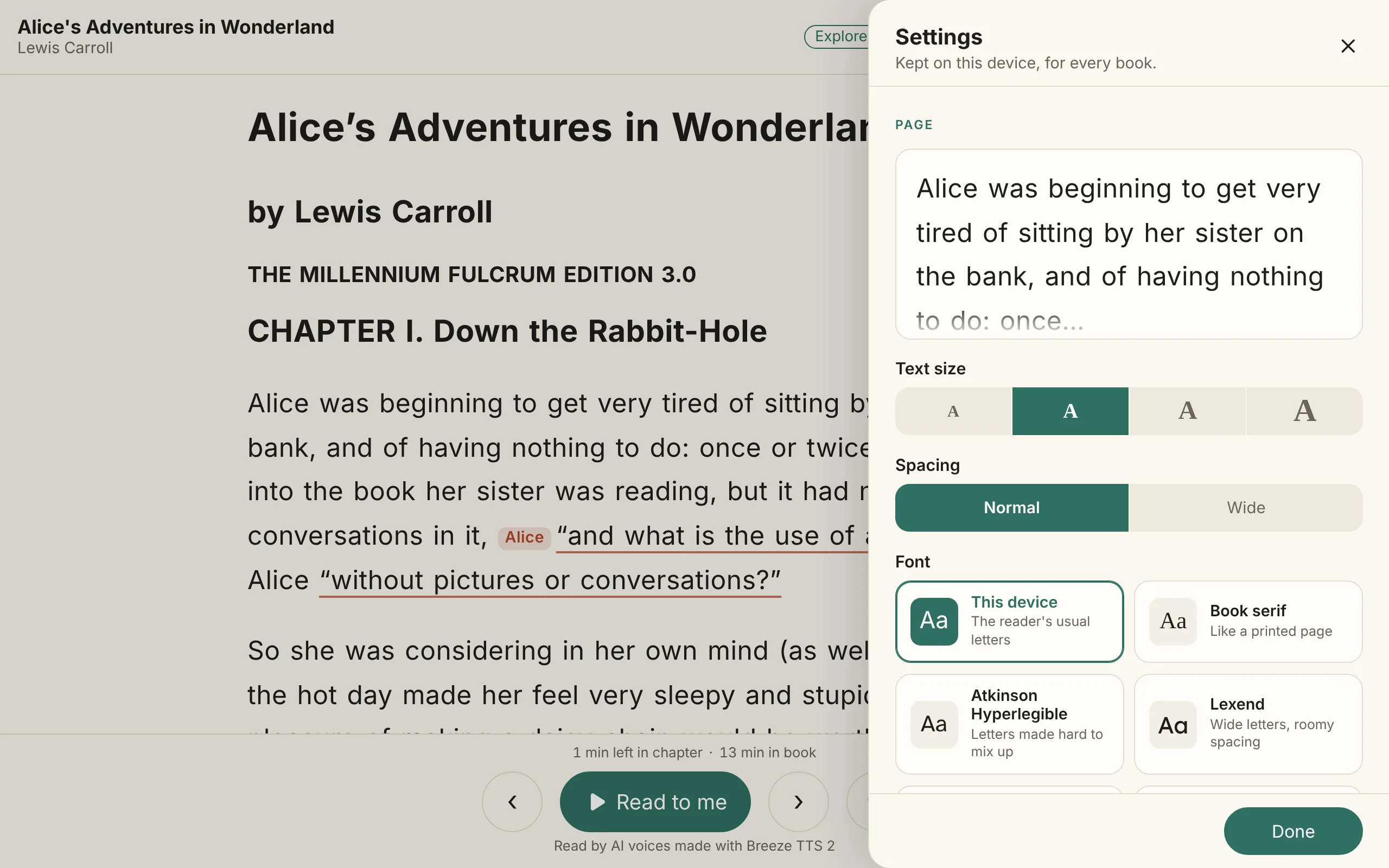 The reader’s Settings panel: a sample of the page, text size, spacing and a choice of fonts.