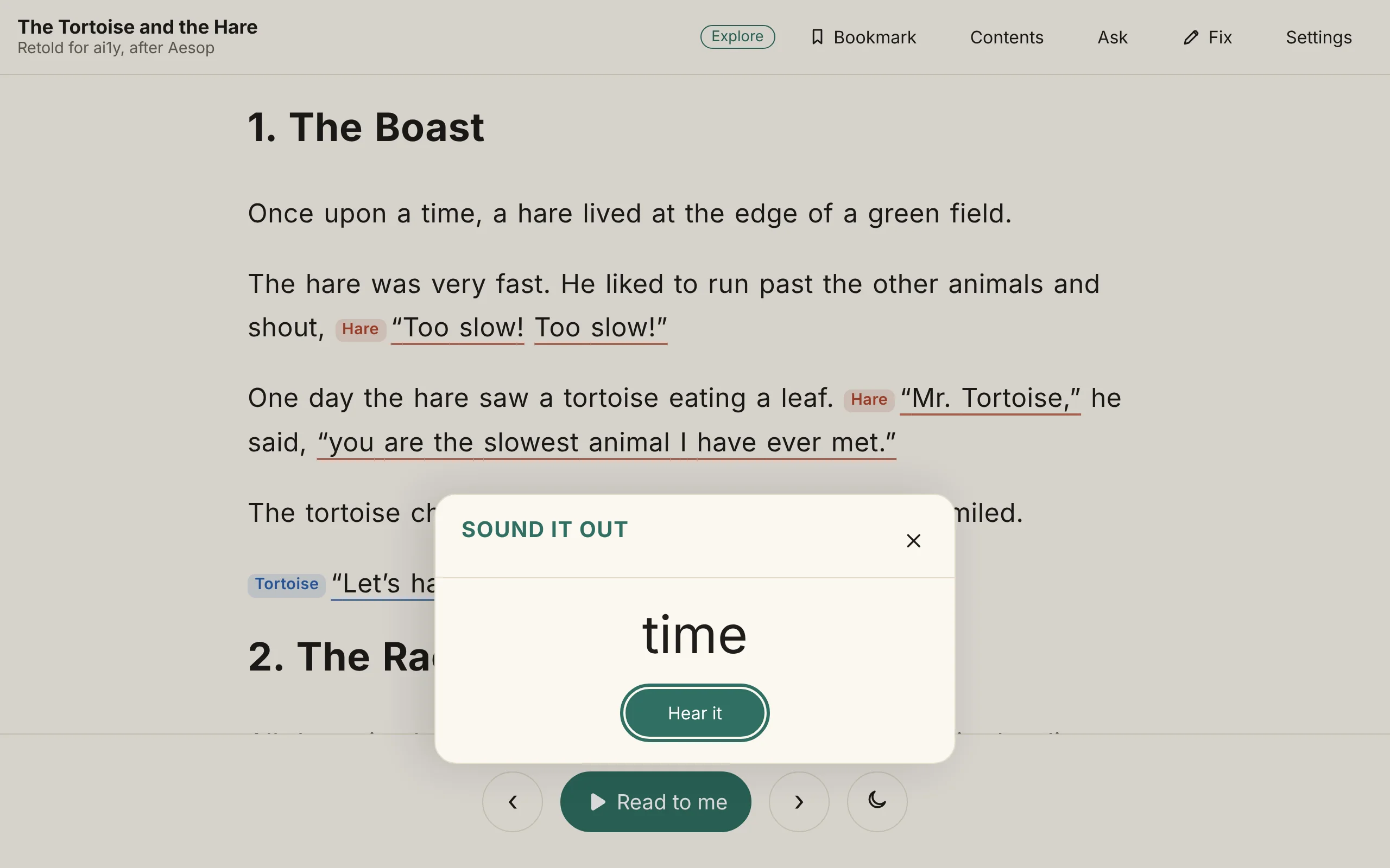 Sound it out open on the word “time”: the letters t, i, m and e, with the i and the silent e lit together, and a Hear it button.