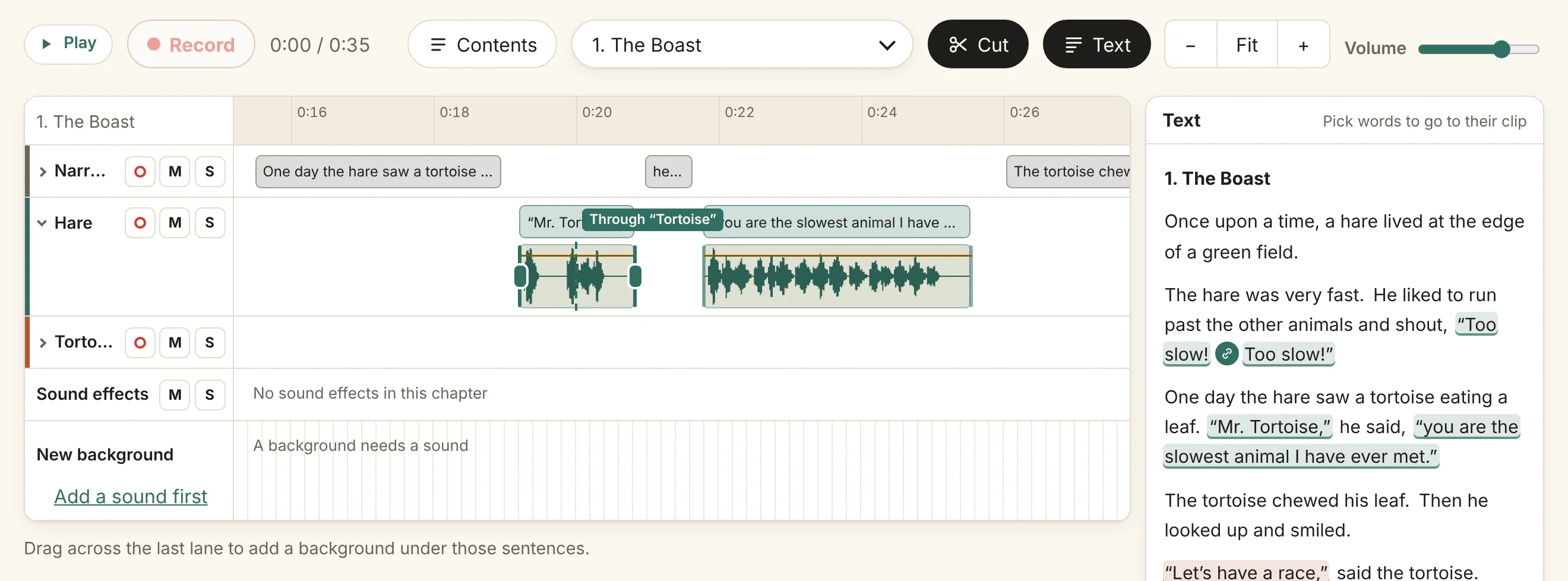 Cut picked on the Timeline: a line over the Hare’s clip “Mr. Tortoise,” says it would cut through “Tortoise”.