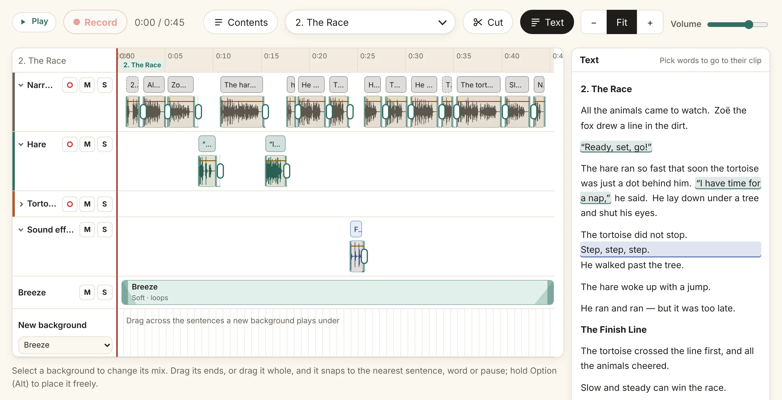 The studio’s Timeline: lanes of waveforms for the narrator and the Hare, footsteps on the sound effects lane and a breeze on a background lane, beside the chapter’s text.