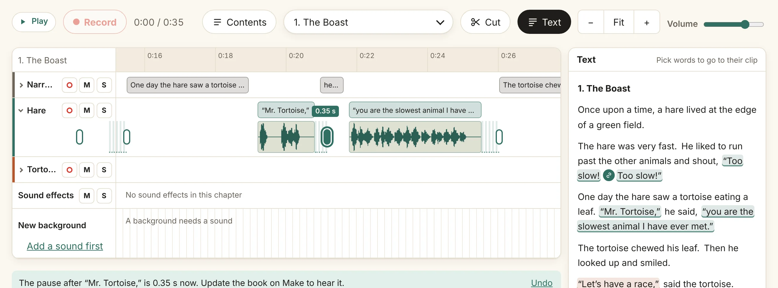 The pause after the Hare’s “Mr. Tortoise,” made 0.35 seconds long, with a note and an Undo button under the lanes.