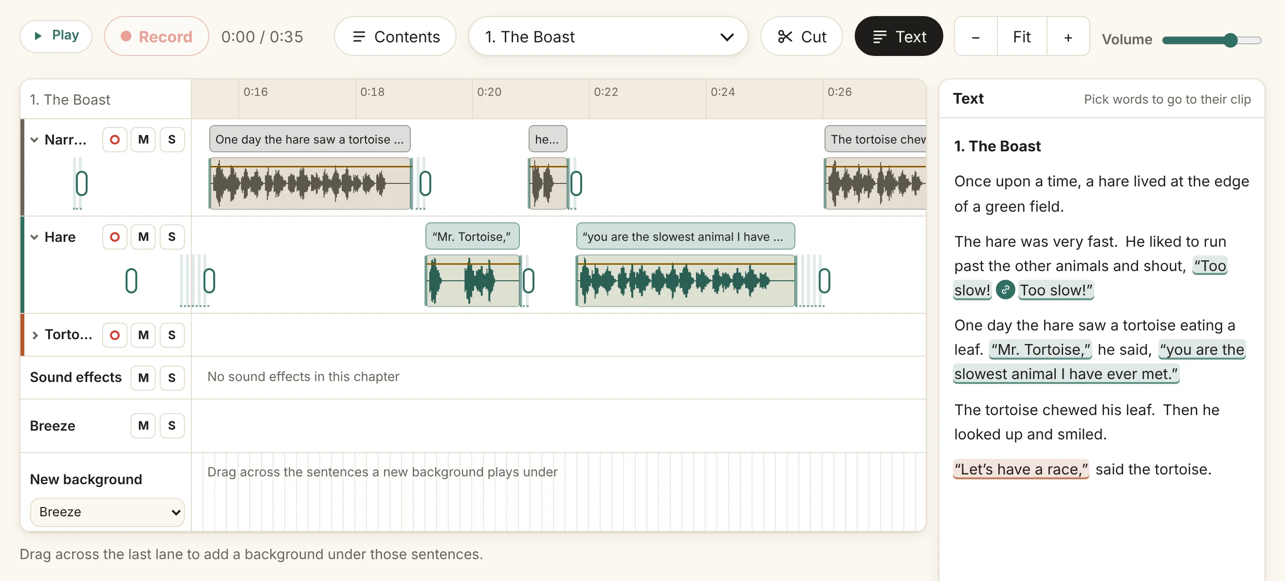 The Timeline zoomed in on the narrator’s and the Hare’s lanes, each clip drawn as its waveform under its words.