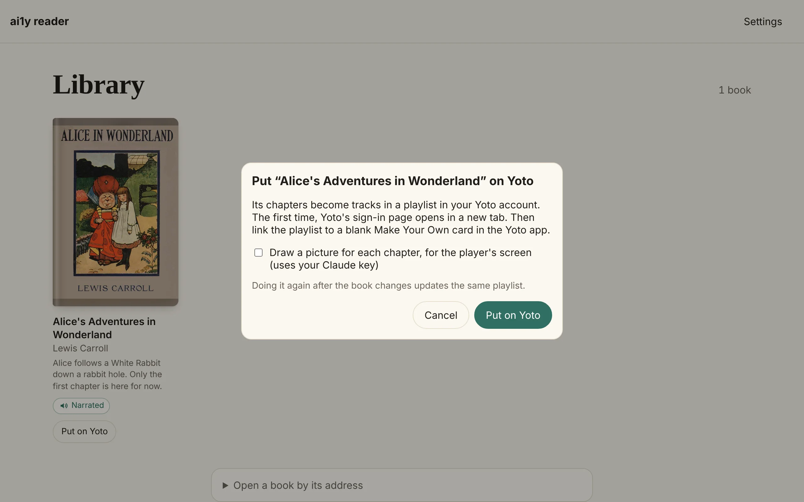 The library with Put “Alice’s Adventures in Wonderland” on Yoto open: its chapters become tracks in a playlist in your Yoto account, to link to a blank Make Your Own card in the Yoto app.